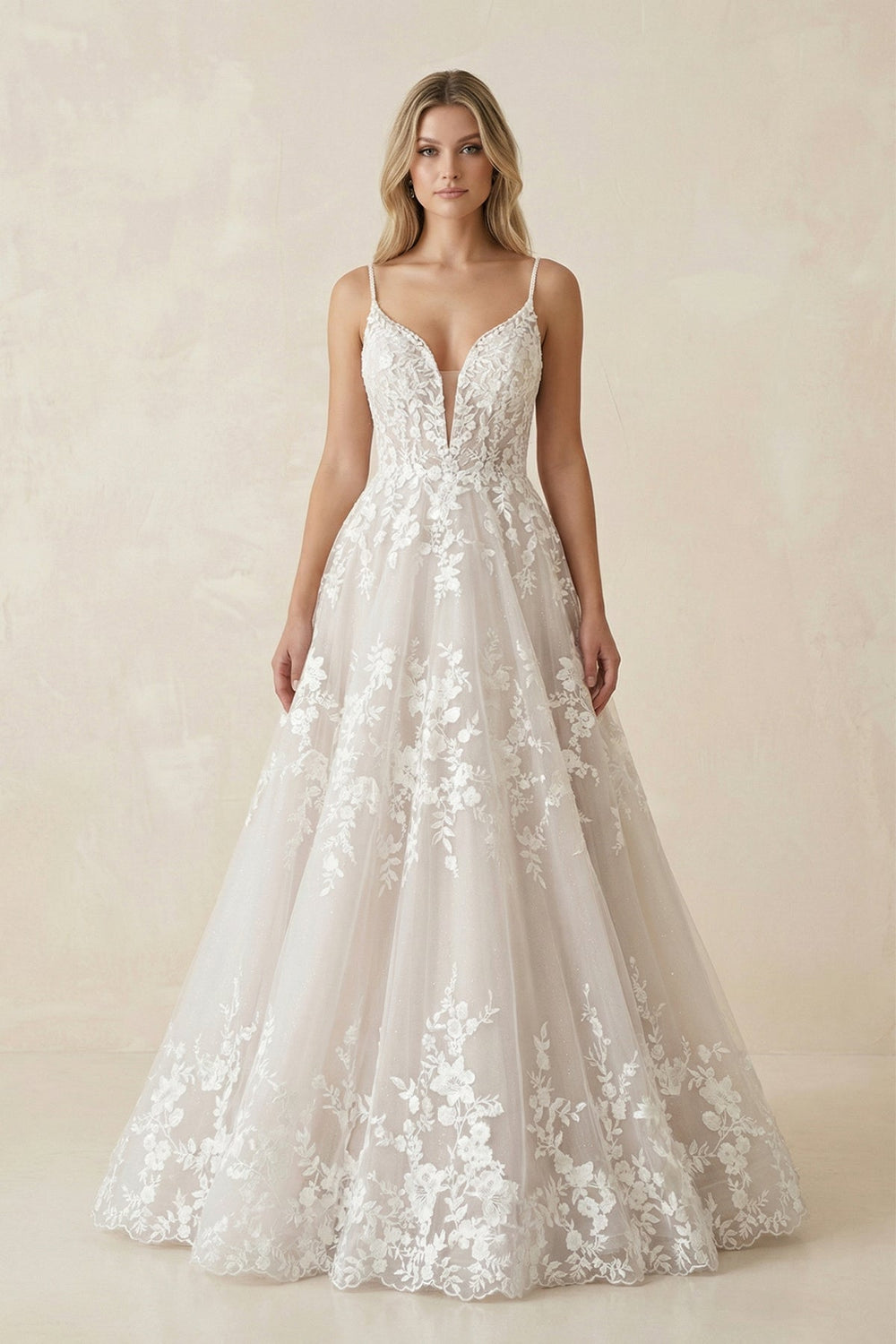 Spaghetti Strap Appliqued Tulle Wedding Dress in Ivory