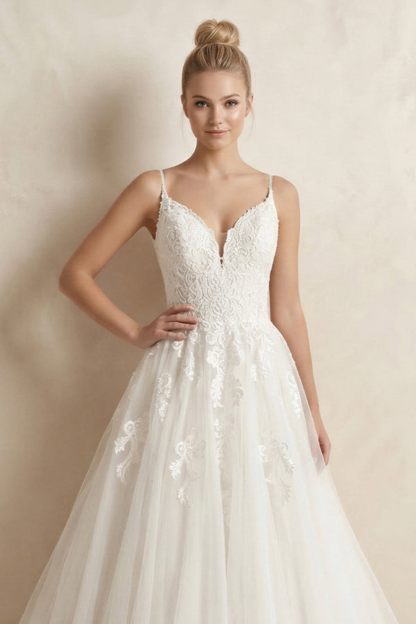 Spaghetti Strap Ball Gown Tulle Appliqued Wedding Dress in Ivory - KISS BRIDAL Wedding Dresses