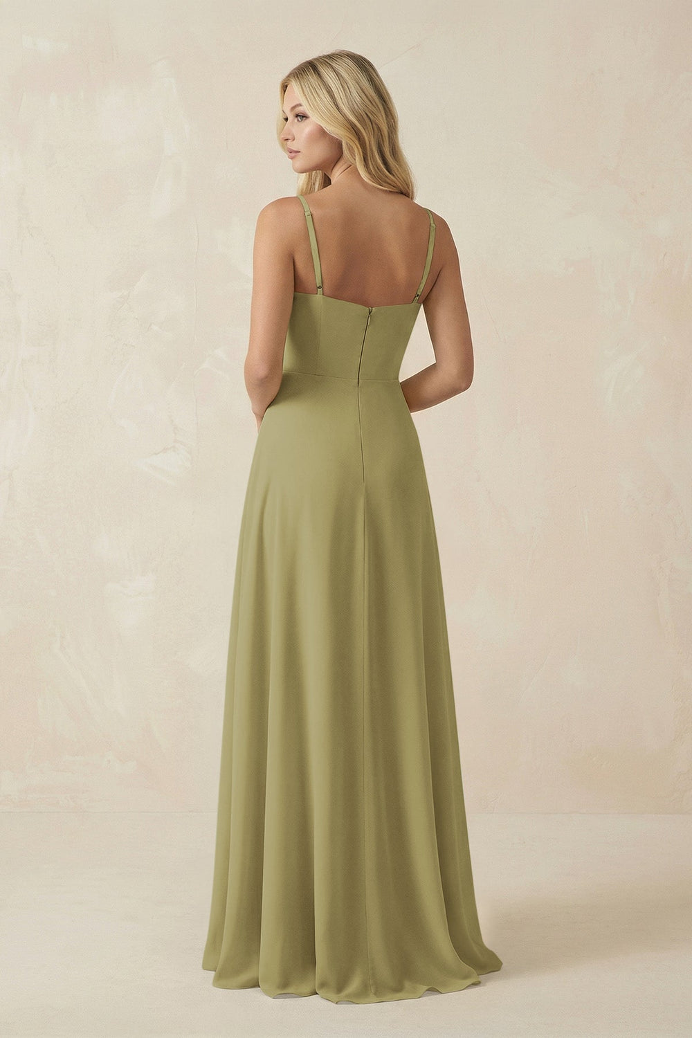 Spaghetti Strap Chiffon A-Line Bridesmaid Dress in Moss Green