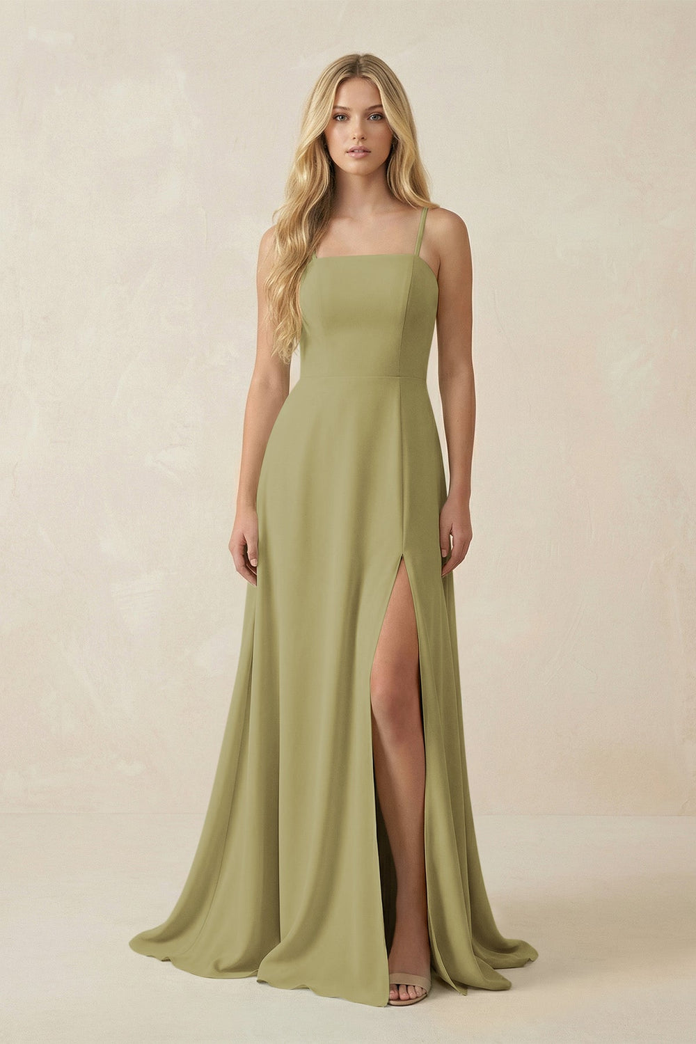 Spaghetti Strap Chiffon A-Line Bridesmaid Dress in Moss Green