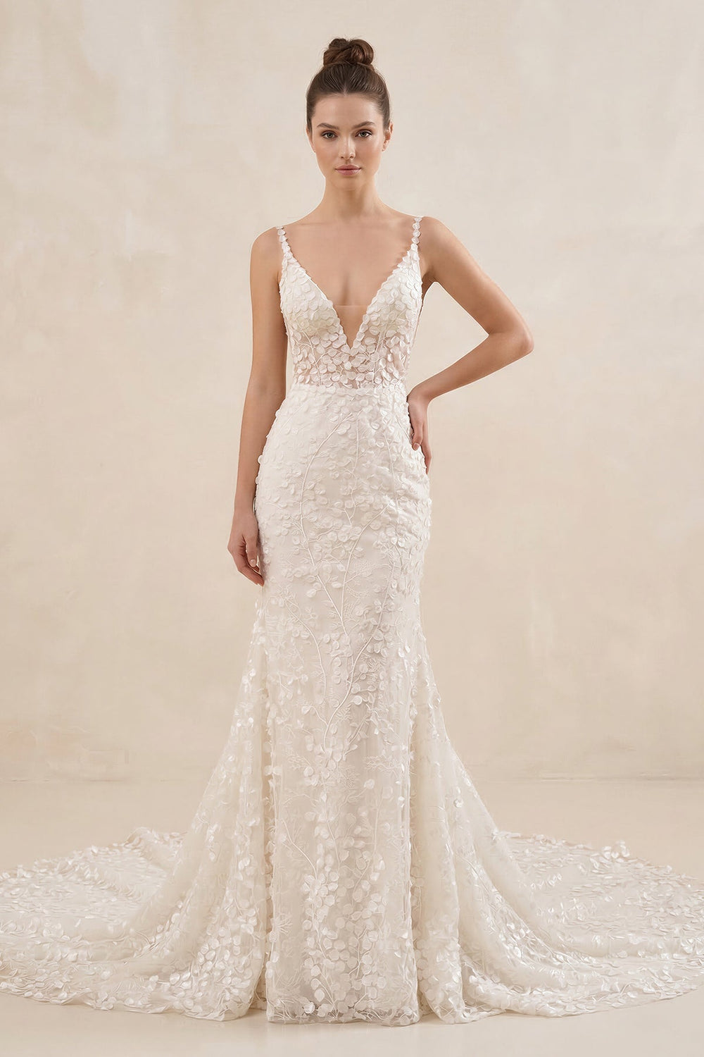 Spaghetti Strap Mermaid Appliqued Wedding Dress in Ivory