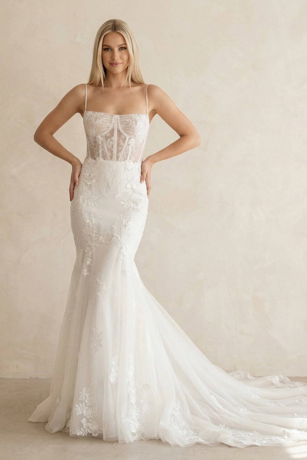 Spaghetti Strap Mermaid Lace Corset Wedding Dress in White