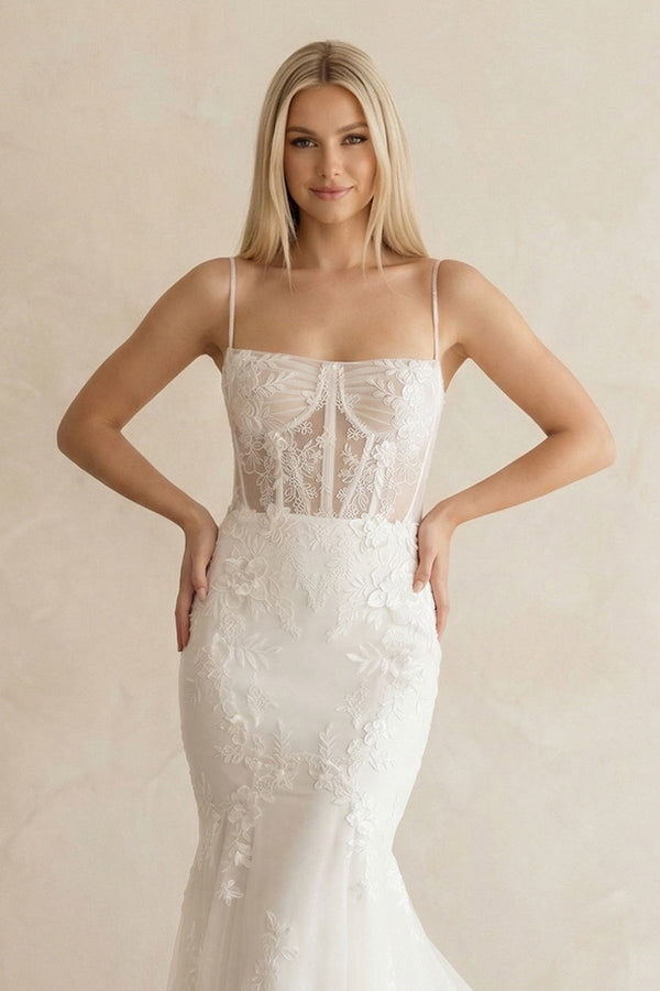 Spaghetti Strap Mermaid Lace Corset Wedding Dress in White - KISS BRIDAL Wedding Dresses