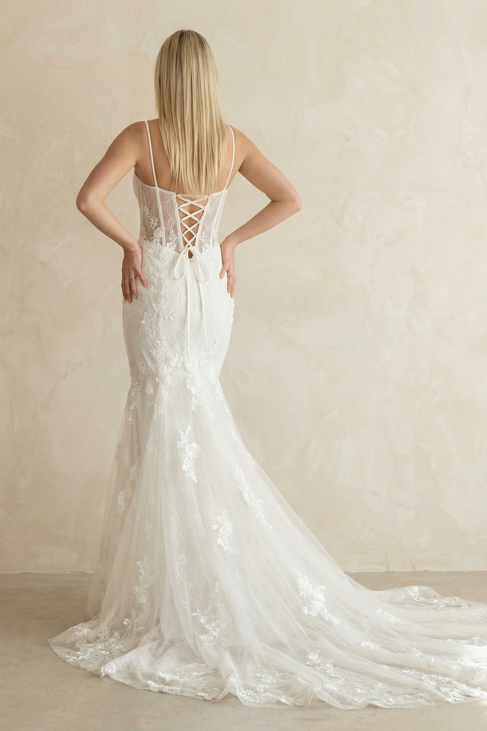 Spaghetti Strap Mermaid Lace Corset Wedding Dress in White