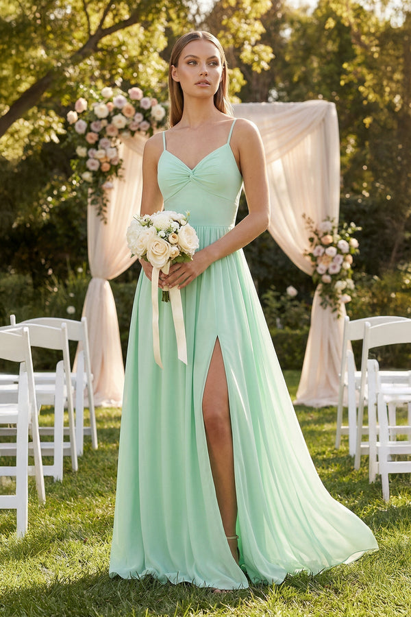 Spaghetti Strap Pleated A-Line Chiffon Bridesmaid Dress in Pale Pistachio - KISS BRIDAL BRIDESMAID DRESSES