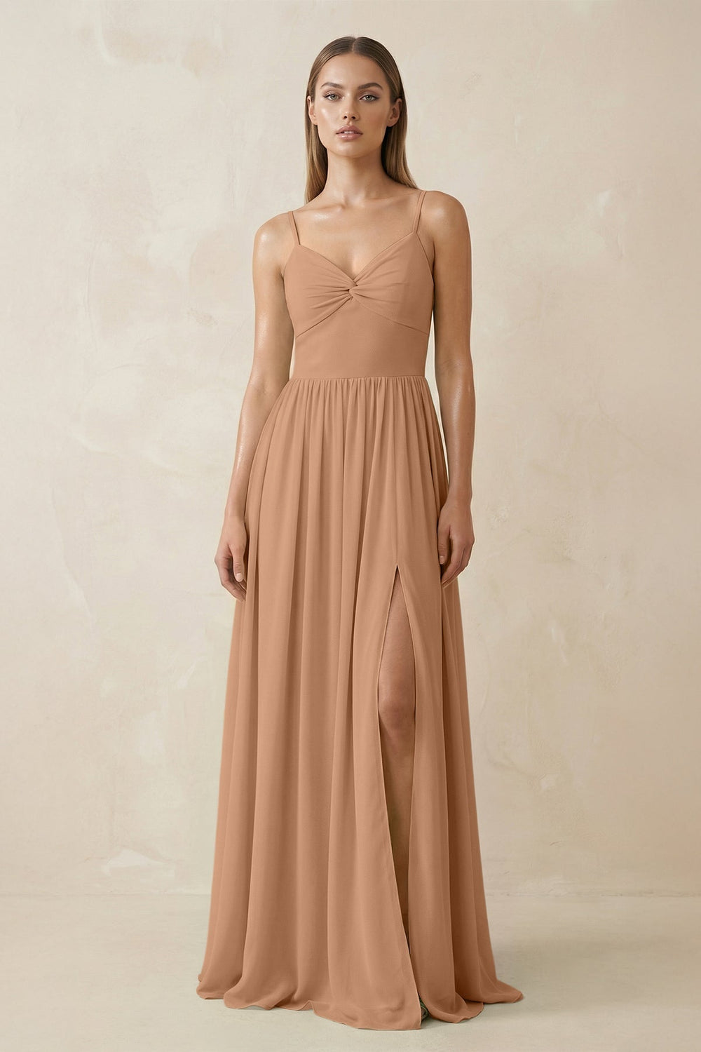 Spaghetti Strap Pleated A-Line Chiffon Bridesmaid Dress in Bronzer