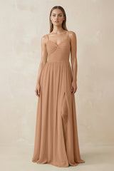 Spaghetti Strap Pleated A - Line Chiffon Bridesmaid Dress in Bronzer - KISS BRIDAL Bridesmaid Dresses