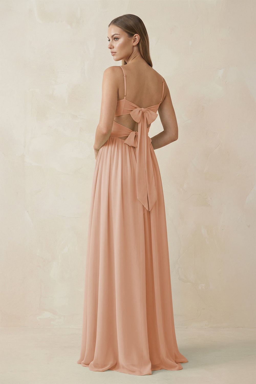 Spaghetti Strap Pleated A-Line Chiffon Bridesmaid Dress in Champagne Rose