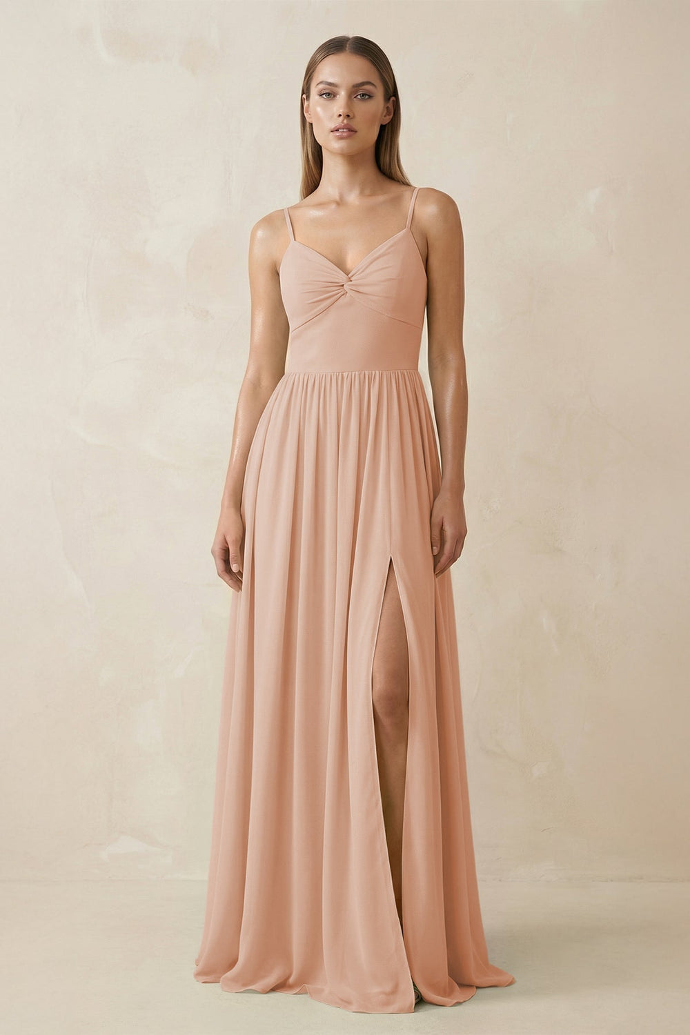 Spaghetti Strap Pleated A-Line Chiffon Bridesmaid Dress in Champagne Rose