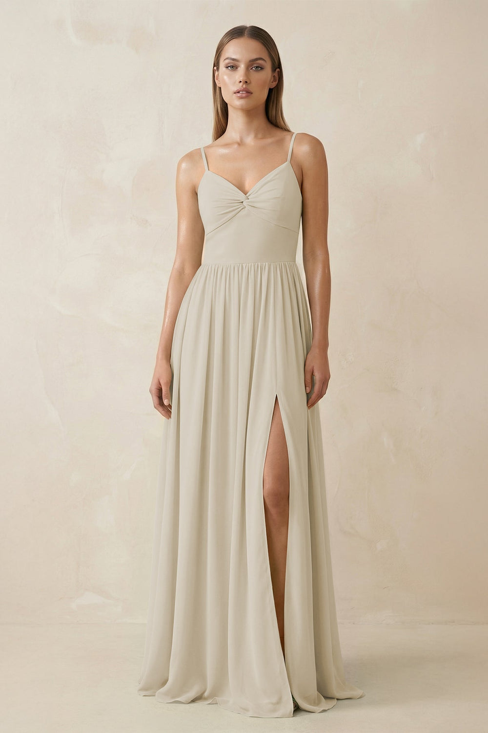 Spaghetti Strap Pleated A-Line Chiffon Bridesmaid Dress in Dove Gray