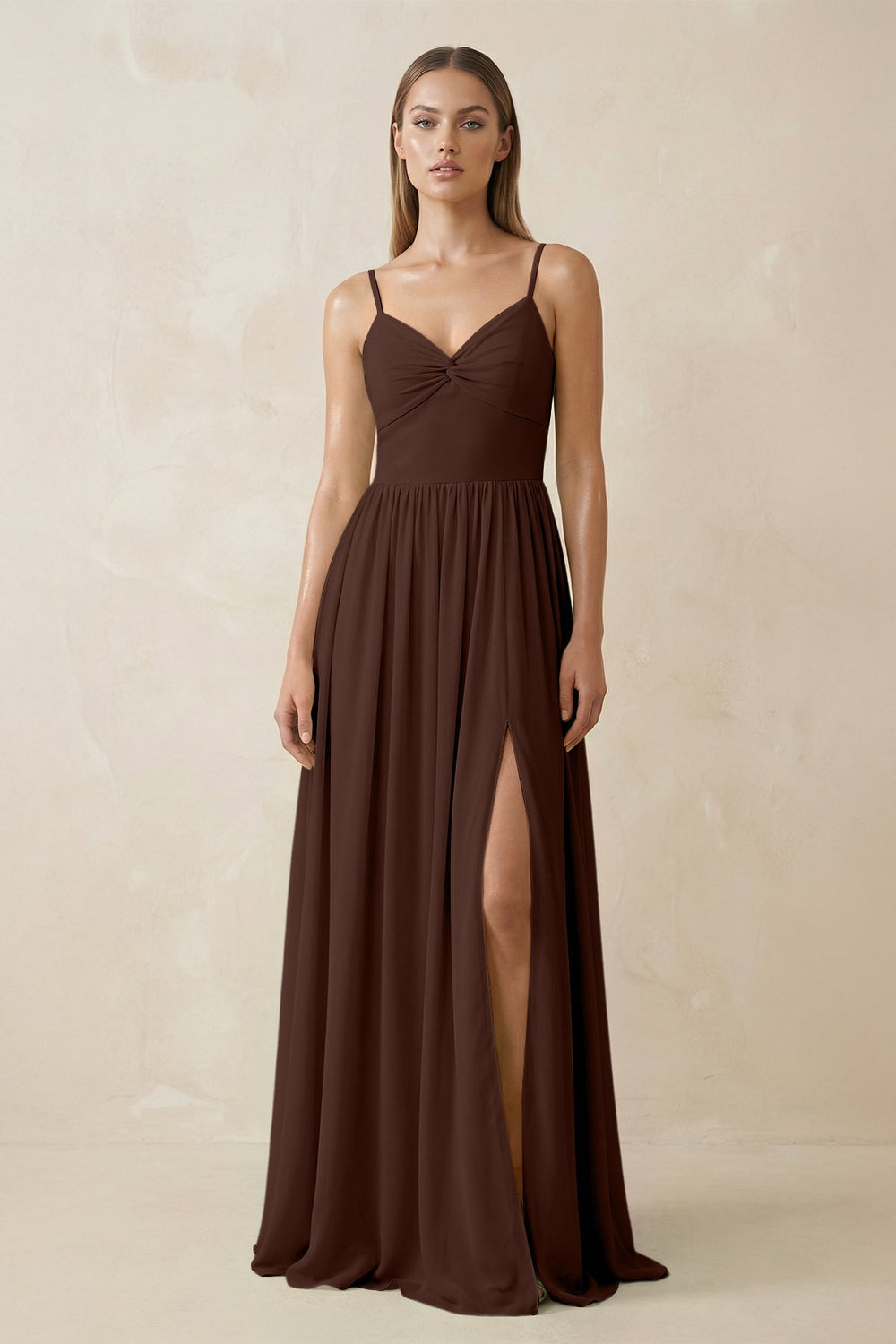 Spaghetti Strap Pleated A-Line Chiffon Bridesmaid Dress in Espresso