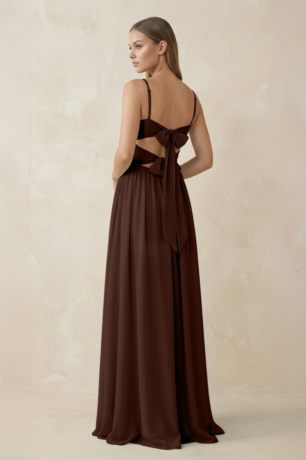 Spaghetti Strap Pleated A-Line Chiffon Bridesmaid Dress in Espresso