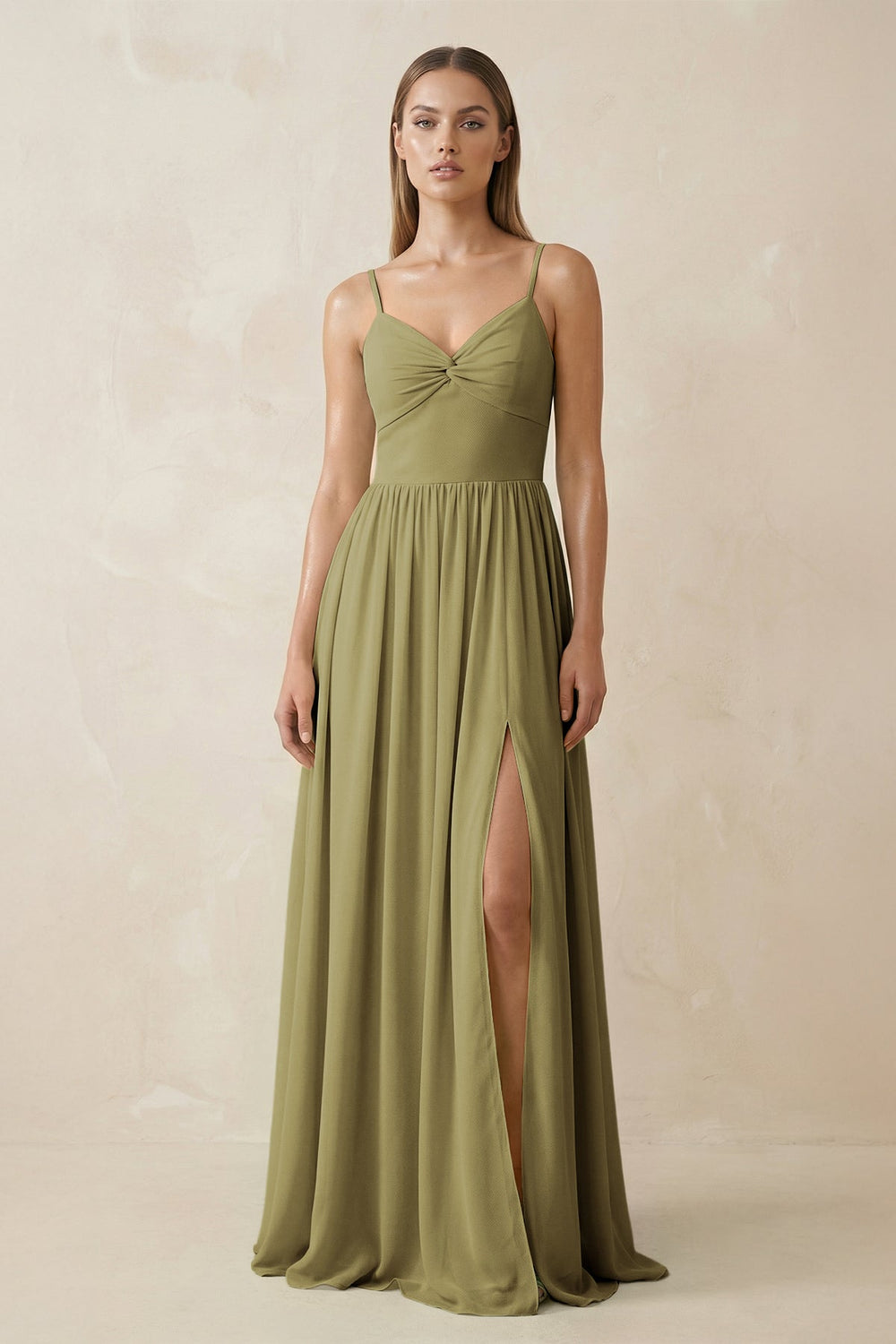 Spaghetti Strap Pleated A-Line Chiffon Bridesmaid Dress in Moss Green