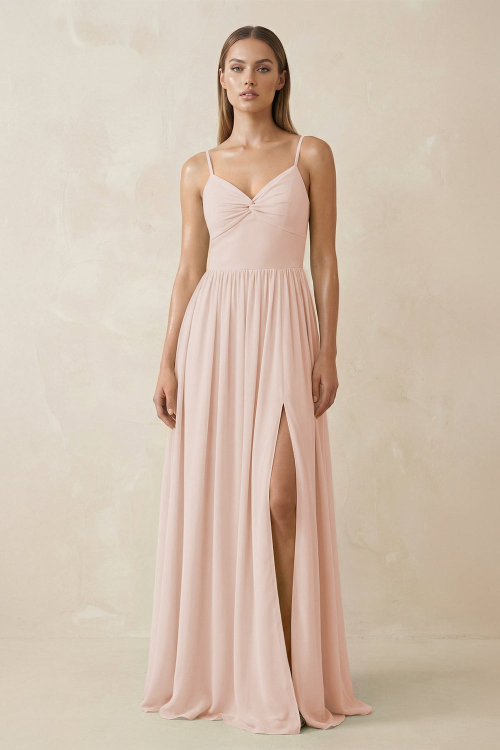 Spaghetti Strap Pleated A-Line Chiffon Bridesmaid Dress in Pale Blush