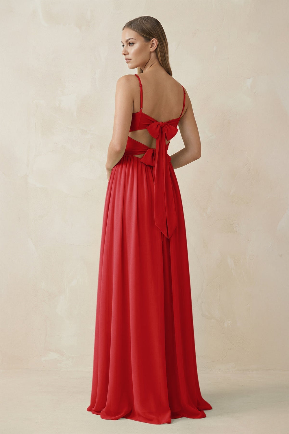 Spaghetti Strap Pleated A-Line Chiffon Bridesmaid Dress in Ruby Red