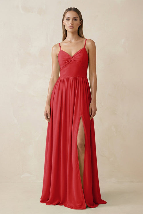 Spaghetti Strap Pleated A - Line Chiffon Bridesmaid Dress in Ruby Red - KISS BRIDAL Bridesmaid Dresses