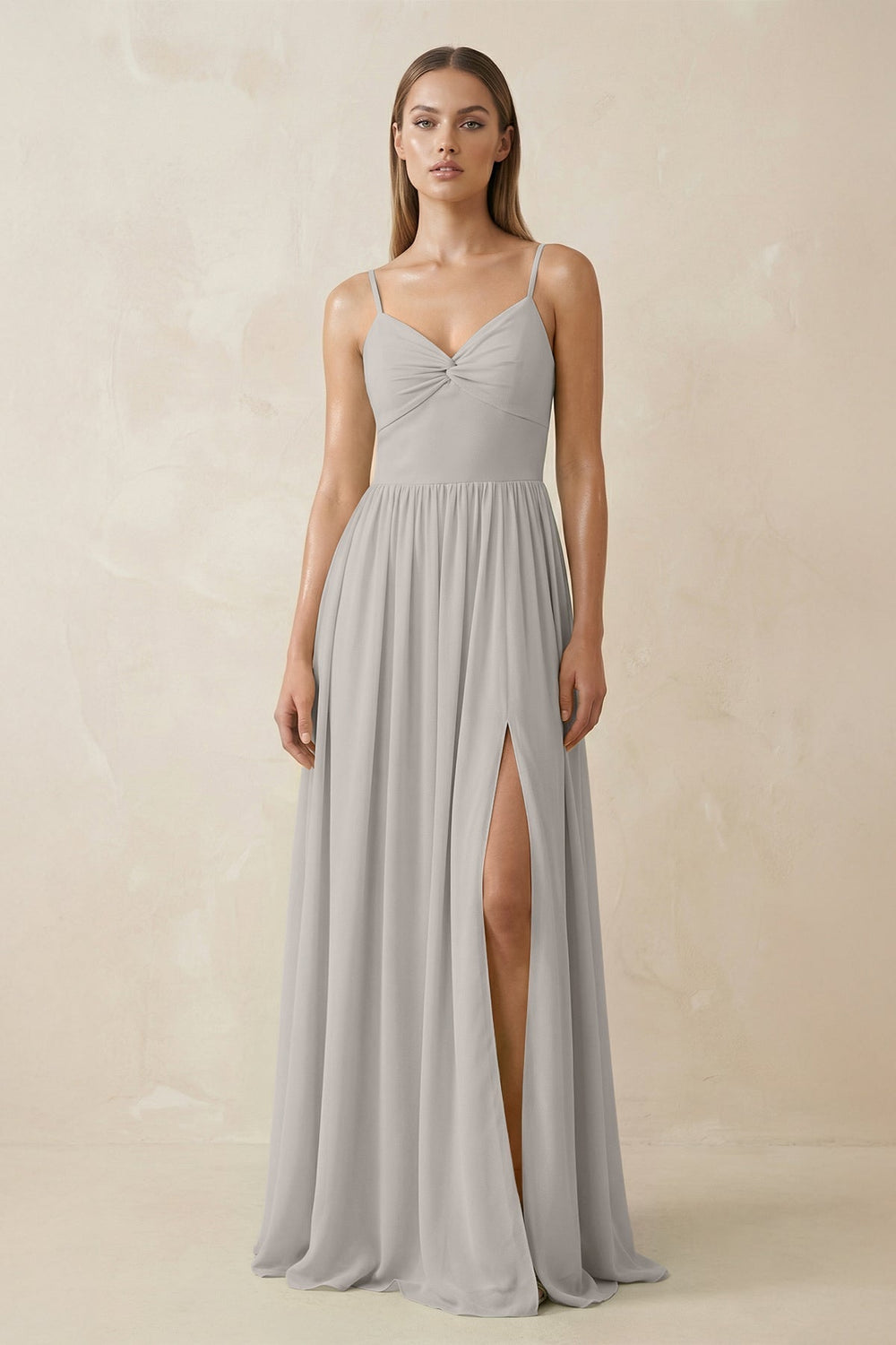 Spaghetti Strap Pleated A-Line Chiffon Bridesmaid Dress in Silver