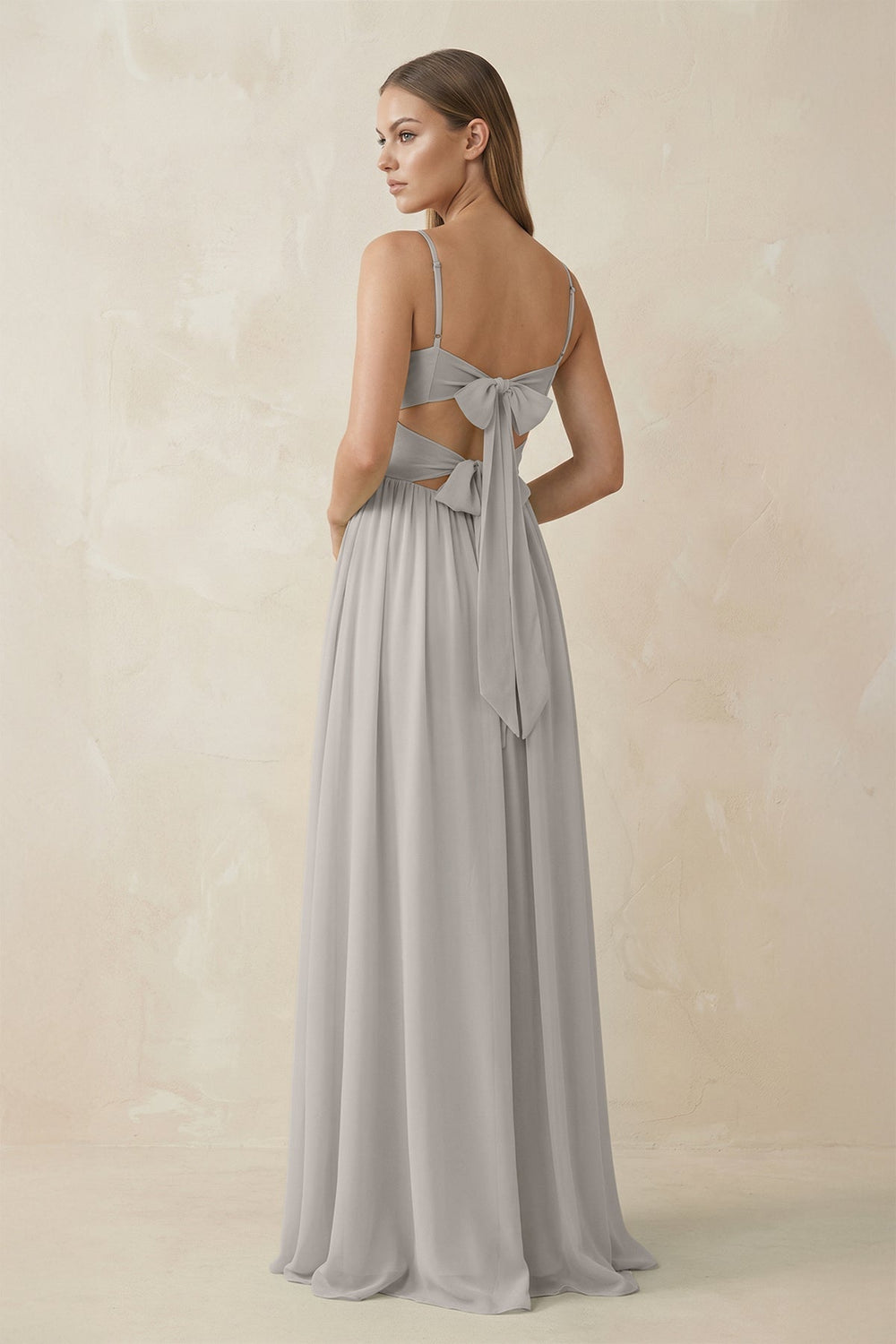 Spaghetti Strap Pleated A-Line Chiffon Bridesmaid Dress in Silver