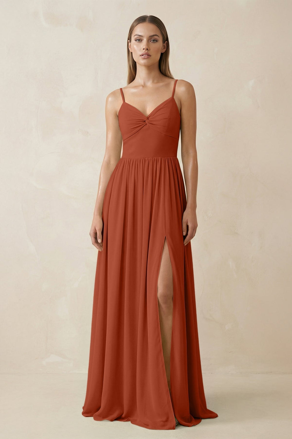 Spaghetti Strap Pleated A-Line Chiffon Bridesmaid Dress in Spice