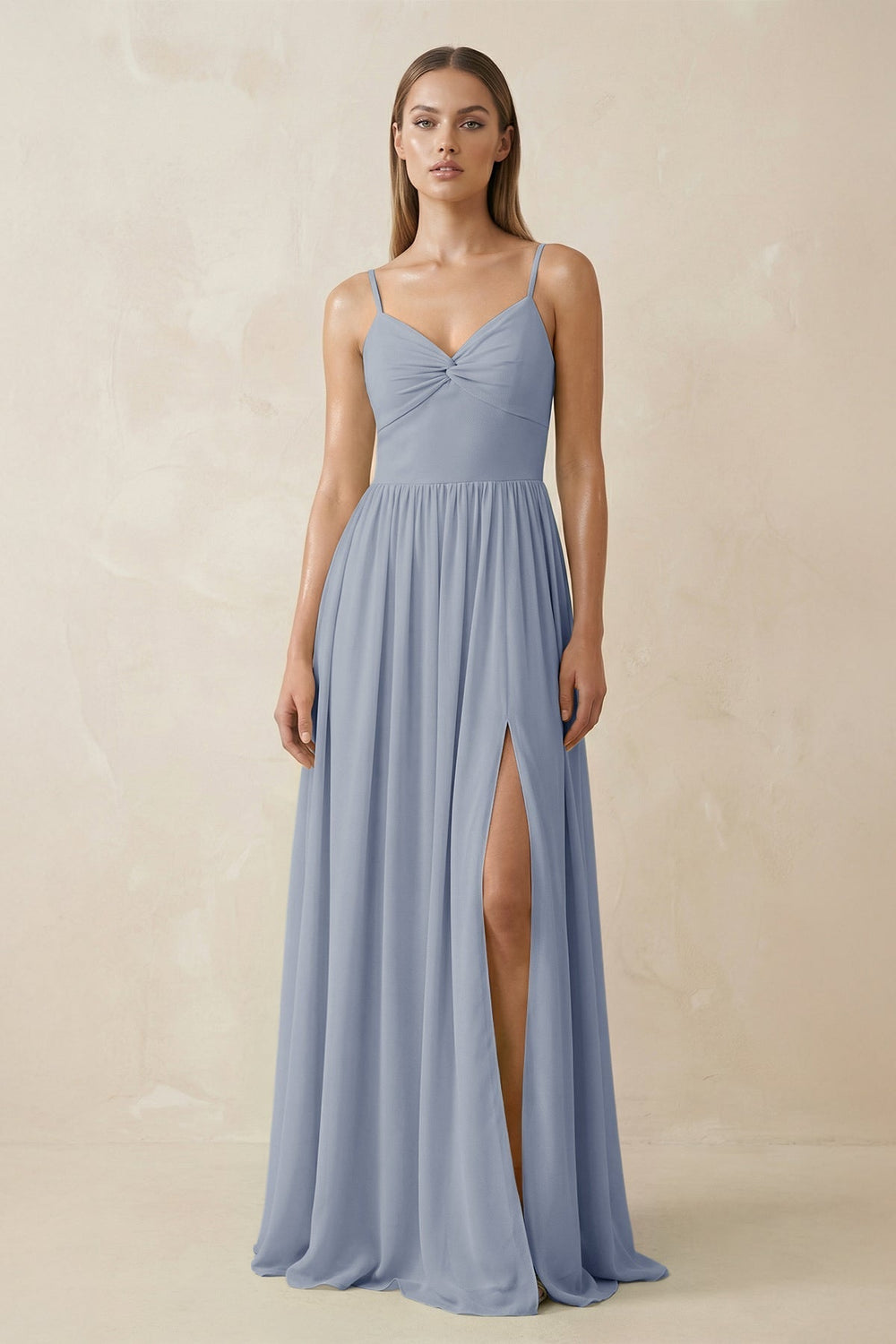 Spaghetti Strap Pleated A-Line Chiffon Bridesmaid Dress in Twilight