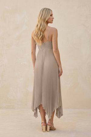 Spaghetti Strap Pleated A-Line Chiffon Midi Bridesmaid Dress in Almond (2) | KISSBRIDAL