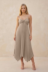 Spaghetti Strap Pleated A-Line Chiffon Midi Bridesmaid Dress in Almond | KISSBRIDAL