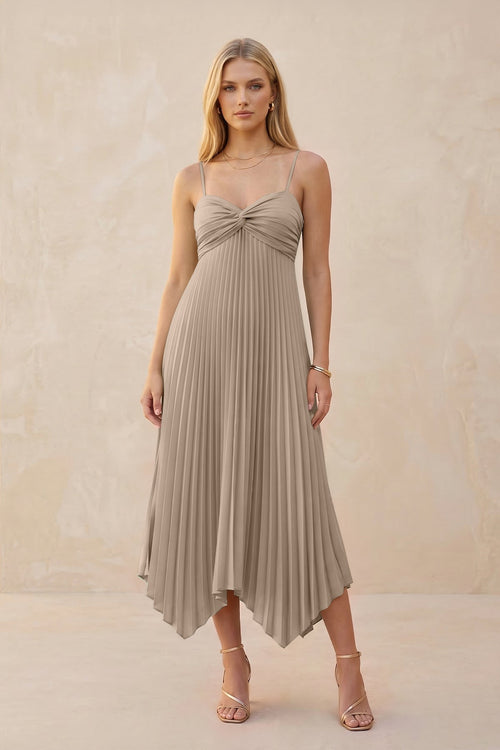 Spaghetti Strap Pleated A-Line Chiffon Midi Bridesmaid Dress in Almond | KISSBRIDAL