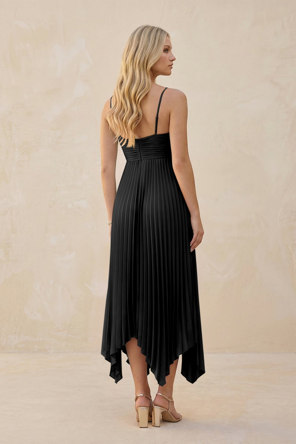 Spaghetti Strap Pleated A-Line Chiffon Midi Bridesmaid Dress in Black