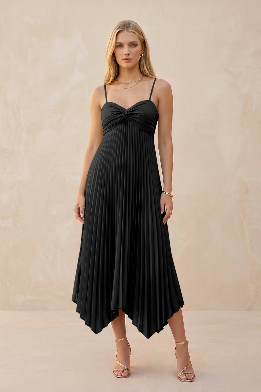 Spaghetti Strap Pleated A-Line Chiffon Midi Bridesmaid Dress in Black