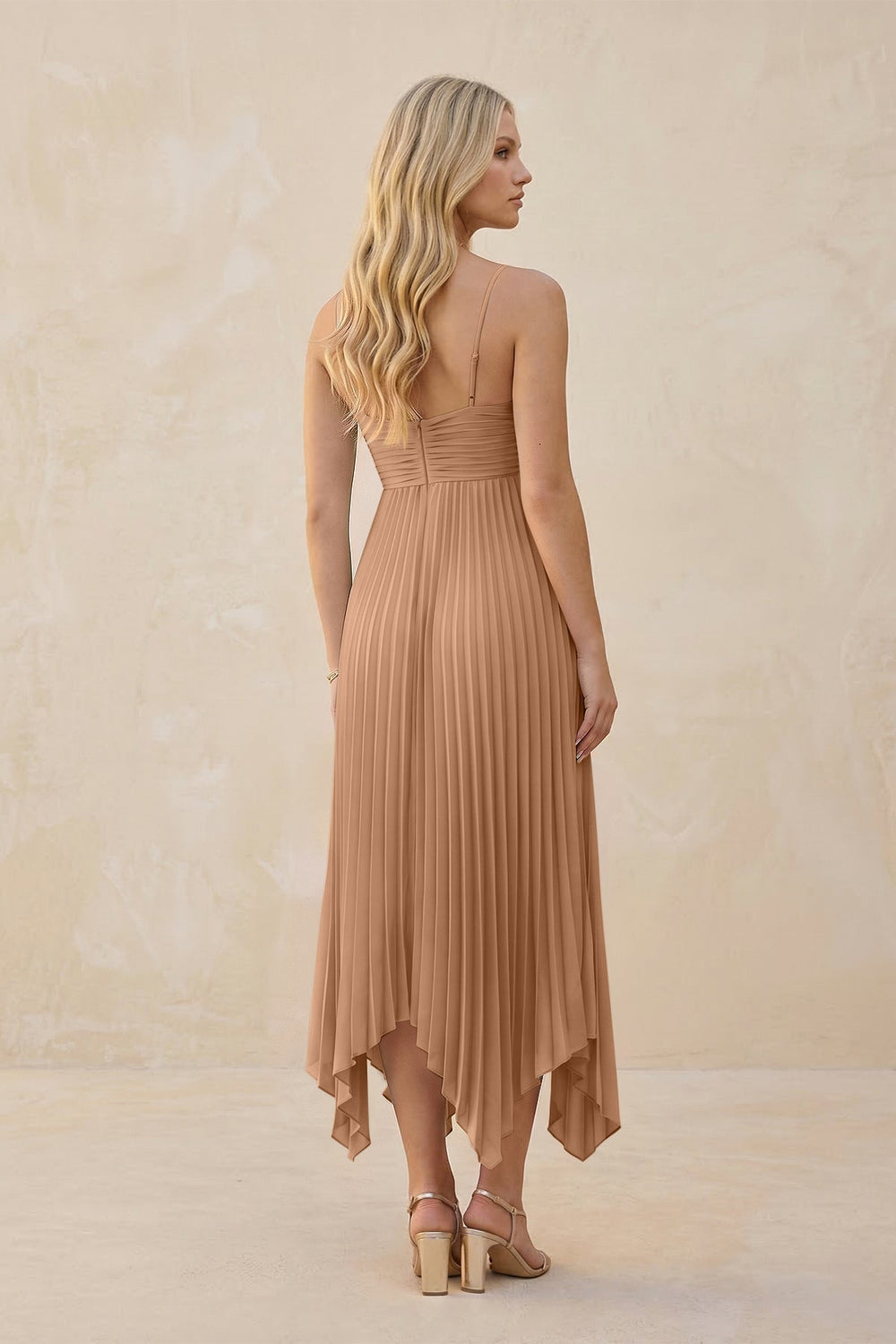 Spaghetti Strap Pleated A-Line Chiffon Midi Bridesmaid Dress in Bronzer
