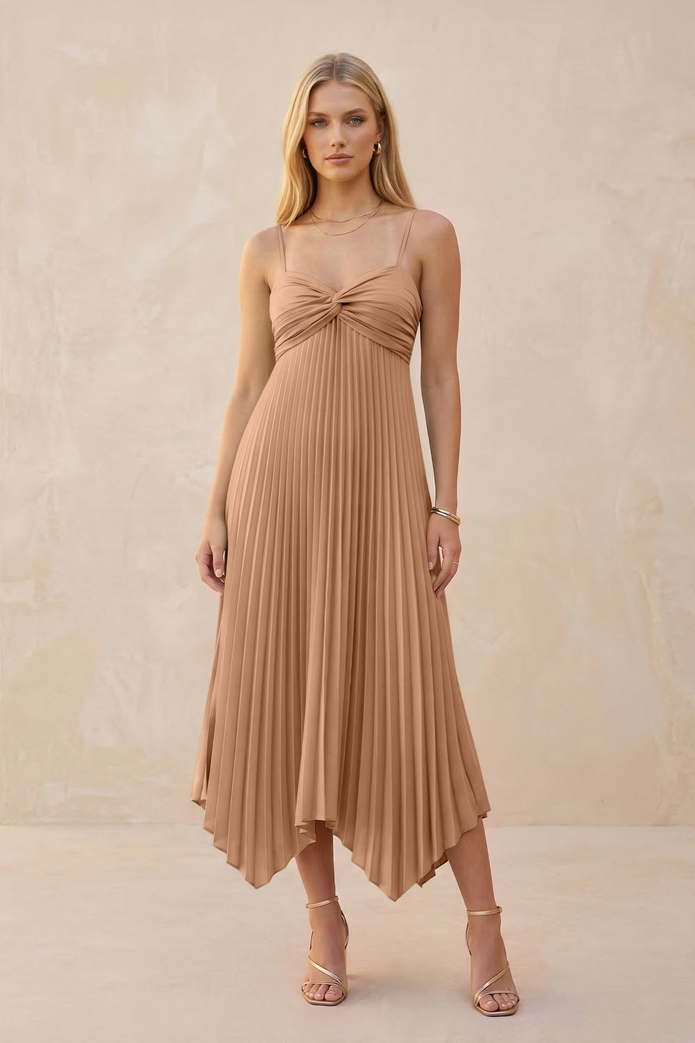 Spaghetti Strap Pleated A-Line Chiffon Midi Bridesmaid Dress in Bronzer