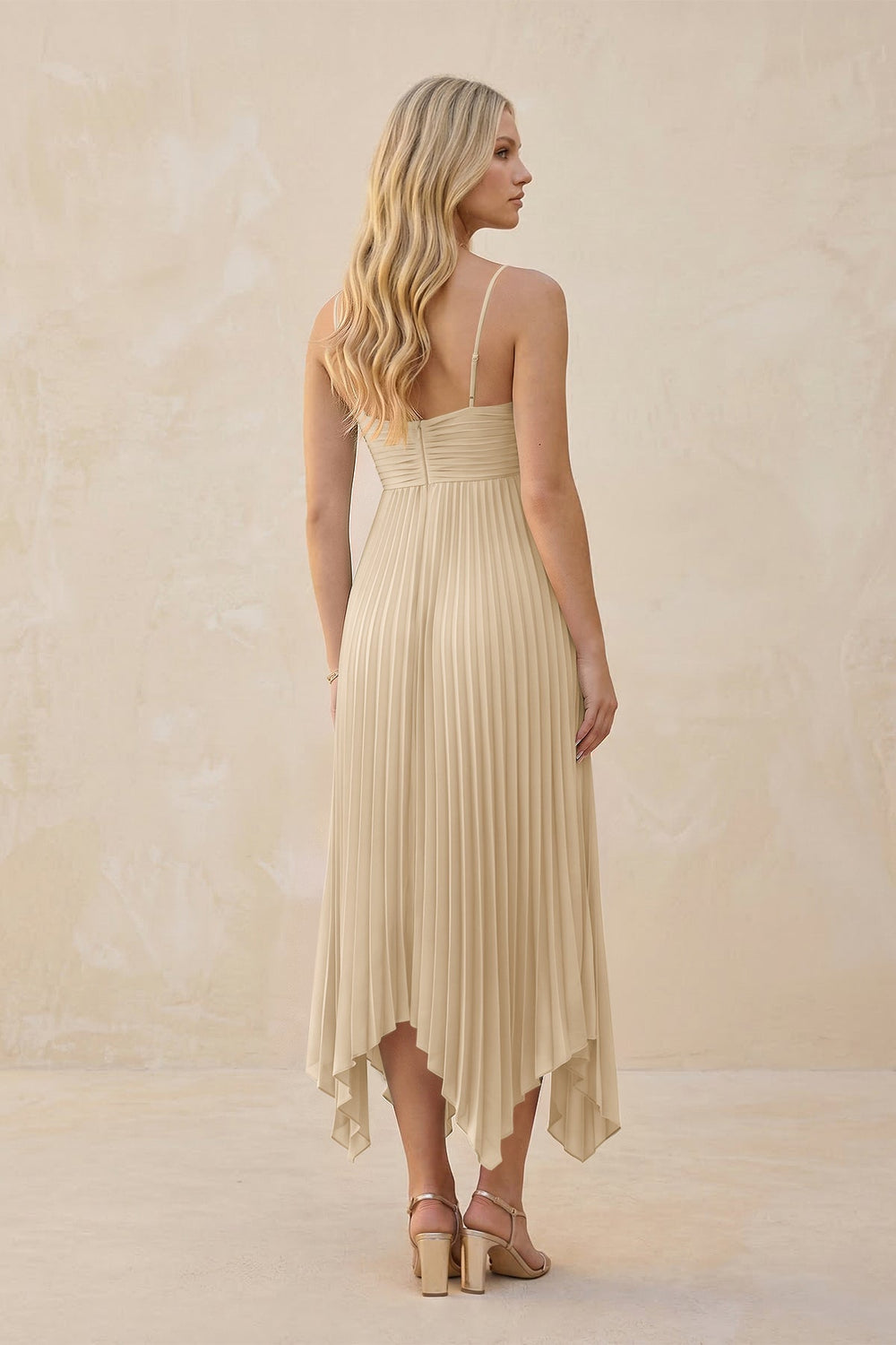 Spaghetti Strap Pleated A-Line Chiffon Midi Bridesmaid Dress in Champagne