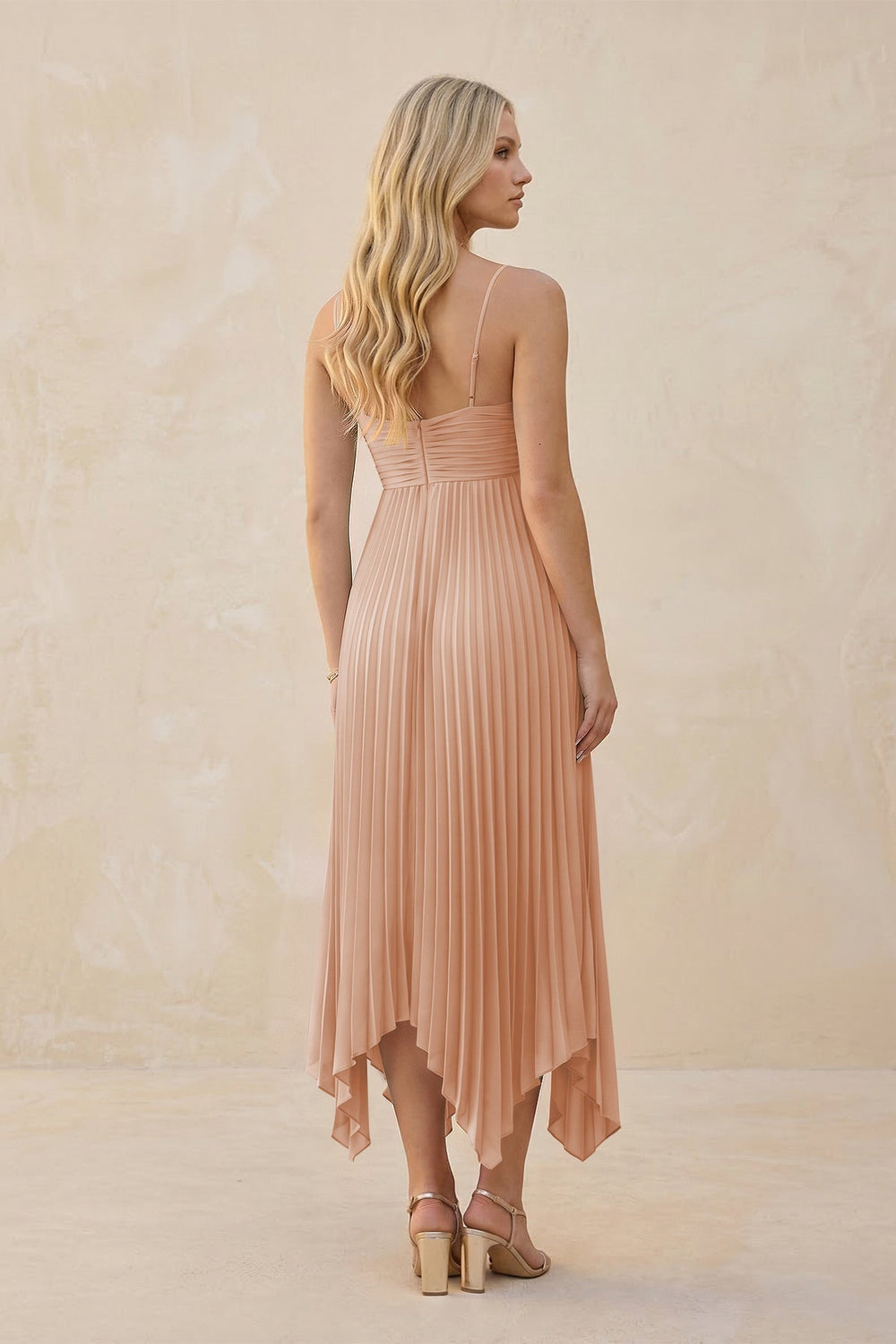 Spaghetti Strap Pleated A-Line Chiffon Midi Bridesmaid Dress in Champagne Rose