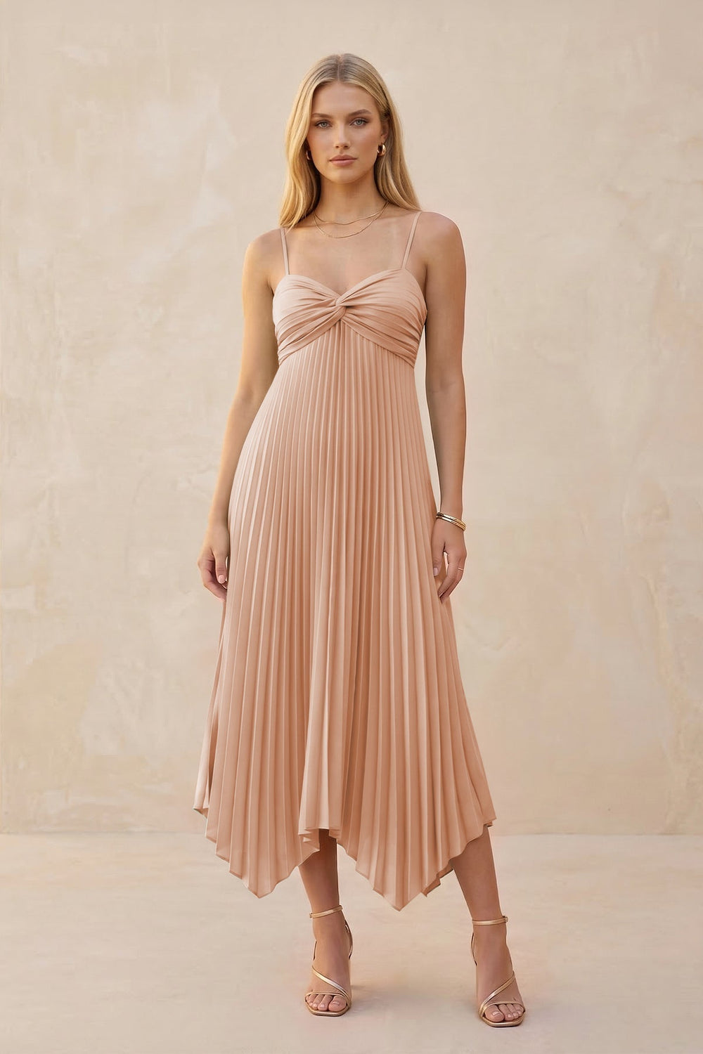 Spaghetti Strap Pleated A-Line Chiffon Midi Bridesmaid Dress in Champagne Rose