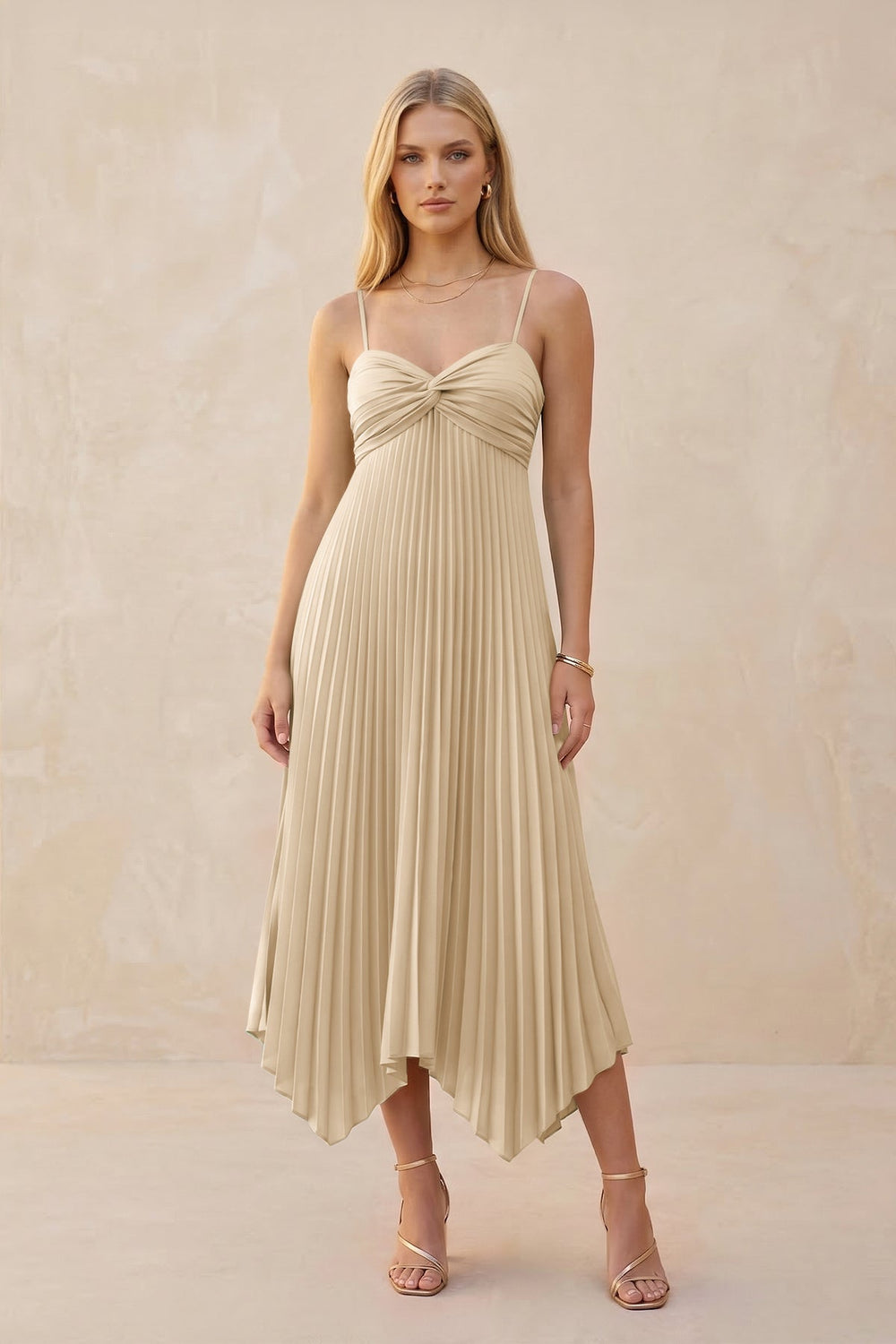 Spaghetti Strap Pleated A-Line Chiffon Midi Bridesmaid Dress in Champagne