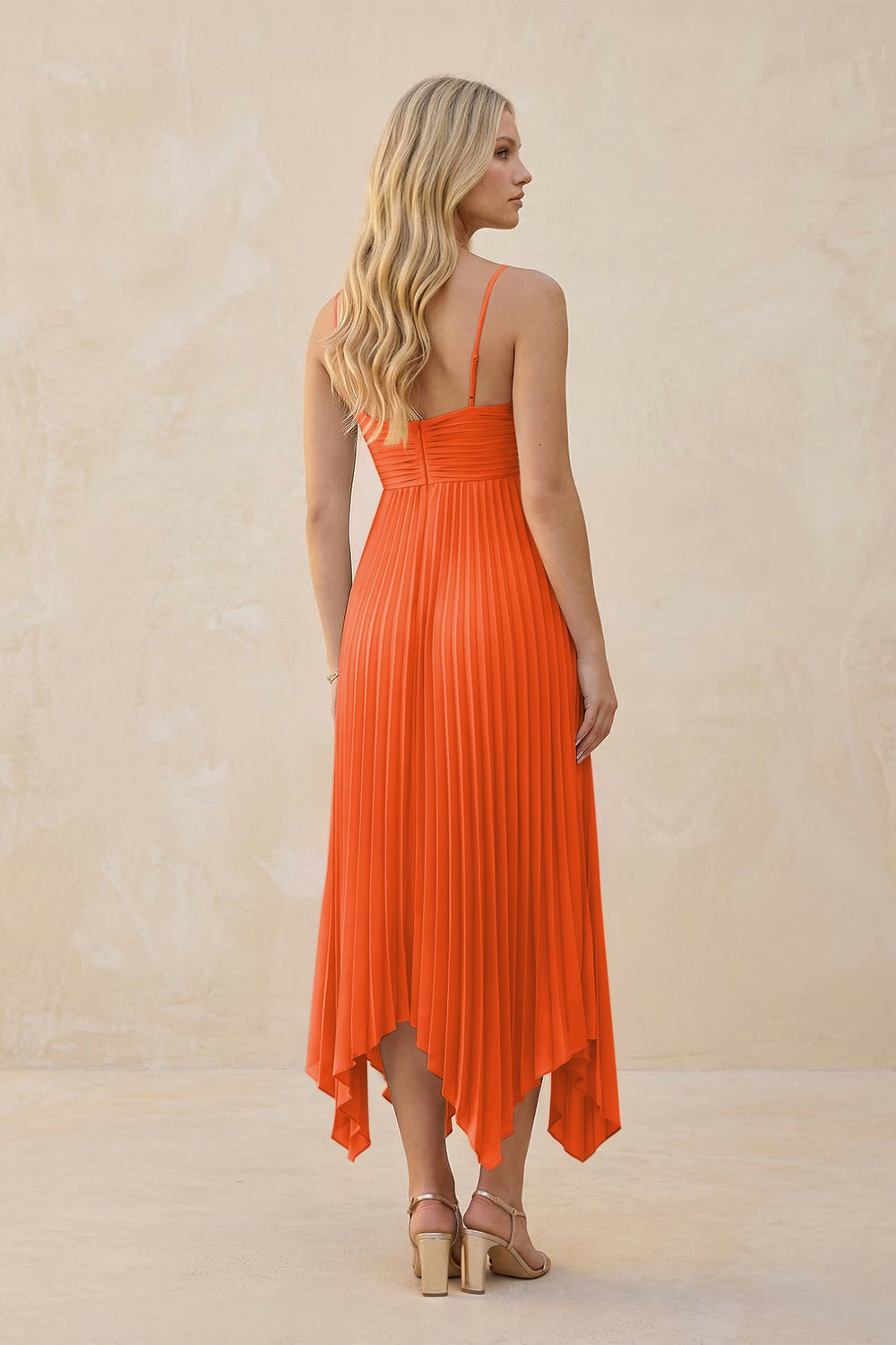 Spaghetti Strap Pleated A-Line Chiffon Midi Bridesmaid Dress in Cinnamon