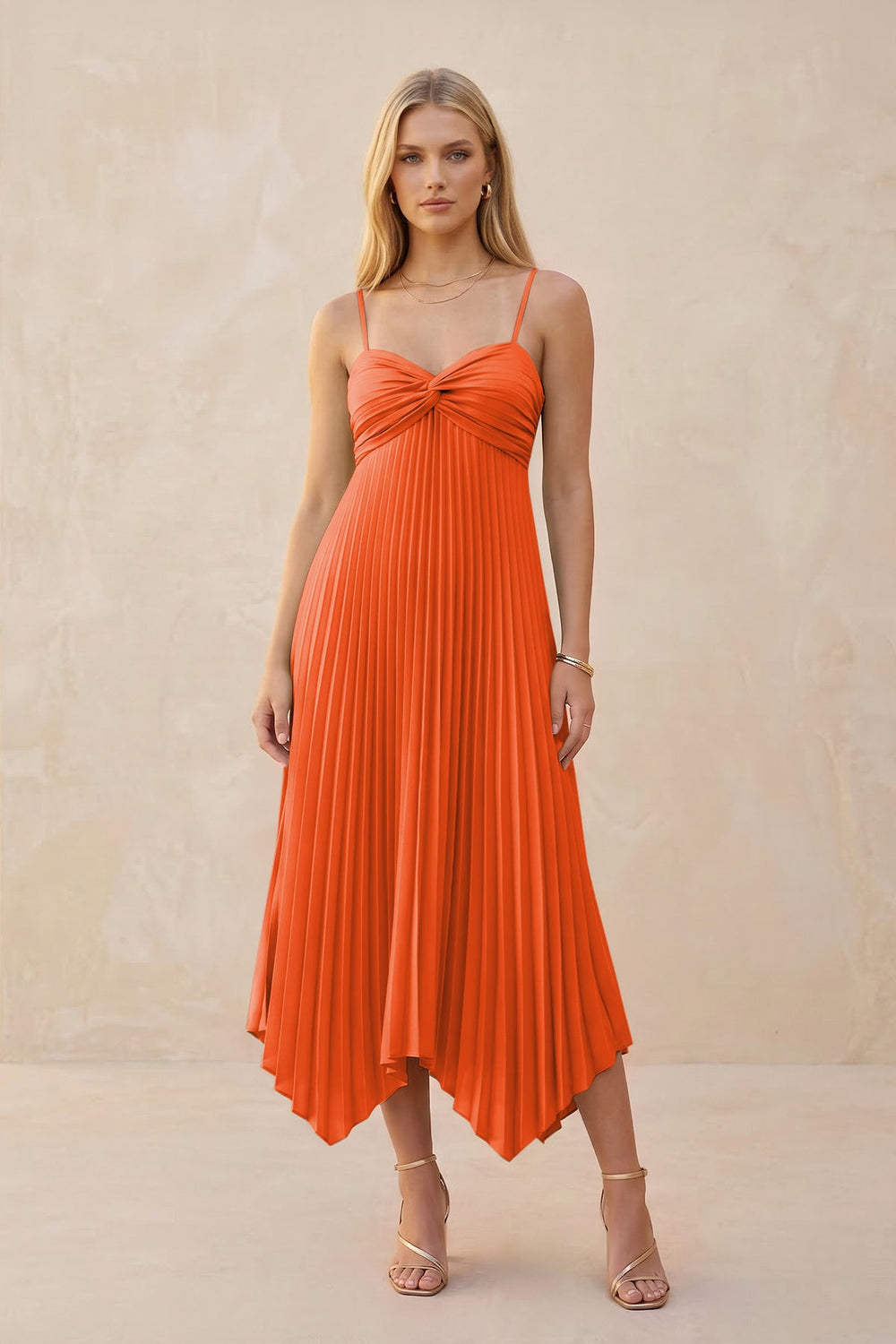 Spaghetti Strap Pleated A-Line Chiffon Midi Bridesmaid Dress in Cinnamon