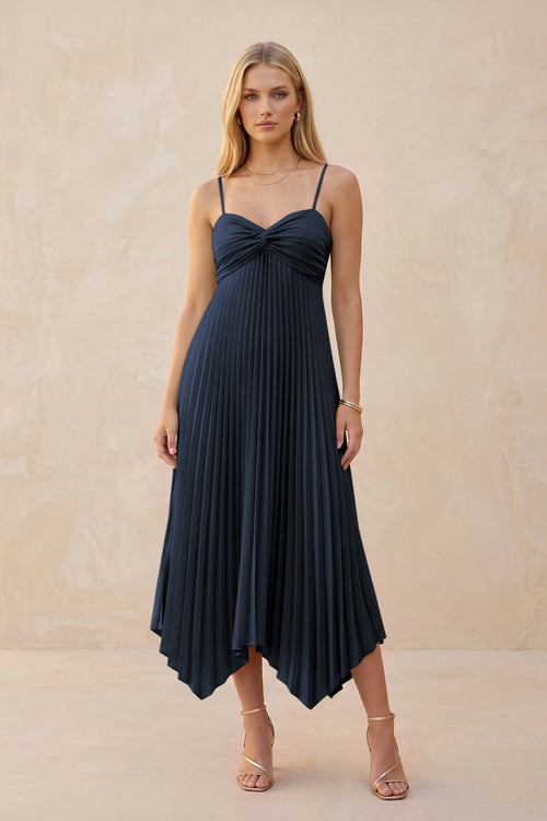 Spaghetti Strap Pleated A - Line Chiffon Midi Bridesmaid Dress in Dark Navy - KISS BRIDAL Bridesmaid Dresses
