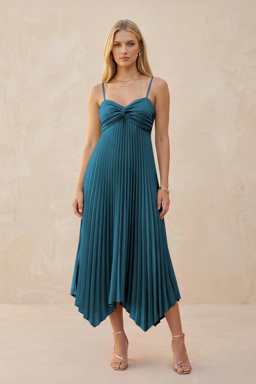 Spaghetti Strap Pleated A - Line Chiffon Midi Bridesmaid Dress in Dark Teal - KISS BRIDAL Bridesmaid Dresses