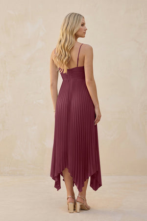 Spaghetti Strap Pleated A-Line Chiffon Midi Bridesmaid Dress in Desert Rose (2) | KISSBRIDAL