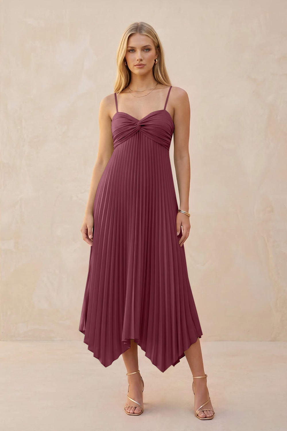 Spaghetti Strap Pleated A-Line Chiffon Midi Bridesmaid Dress in Desert Rose