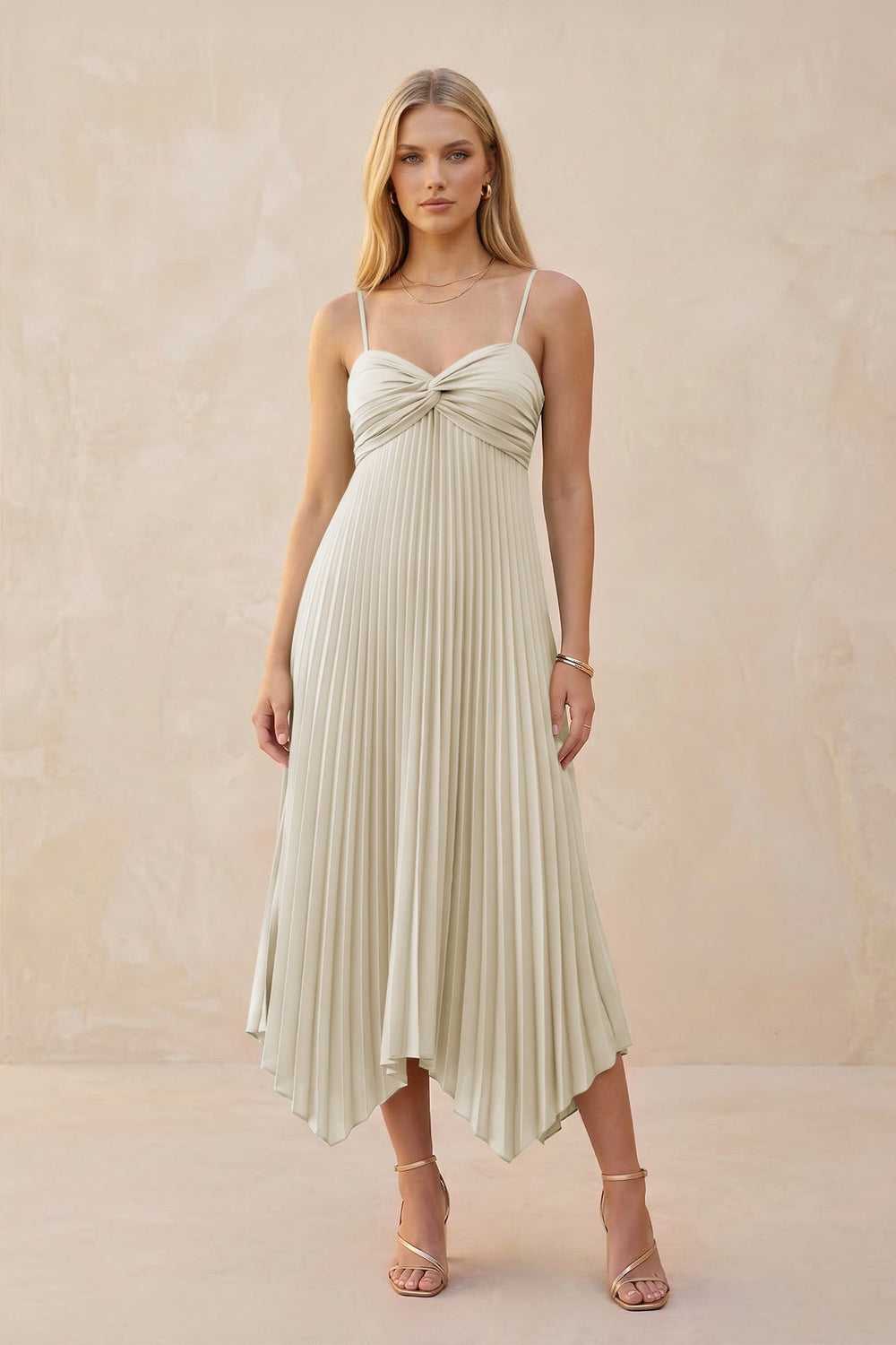 Spaghetti Strap Pleated A-Line Chiffon Midi Bridesmaid Dress in Dove Gray