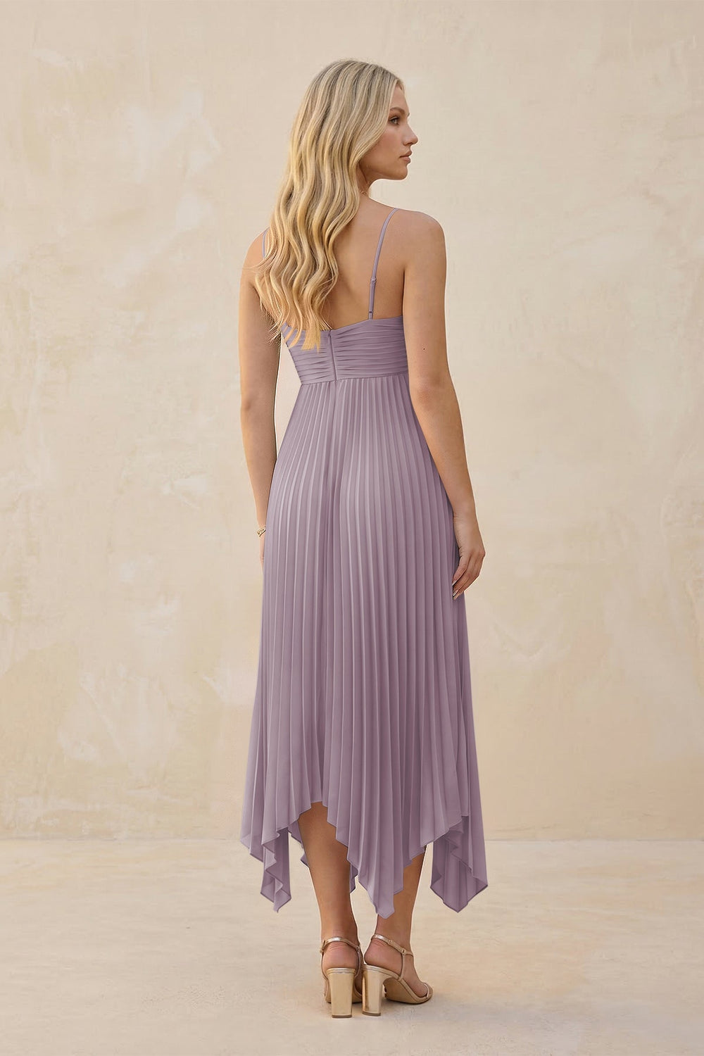 Spaghetti Strap Pleated A-Line Chiffon Midi Bridesmaid Dress in Dusk