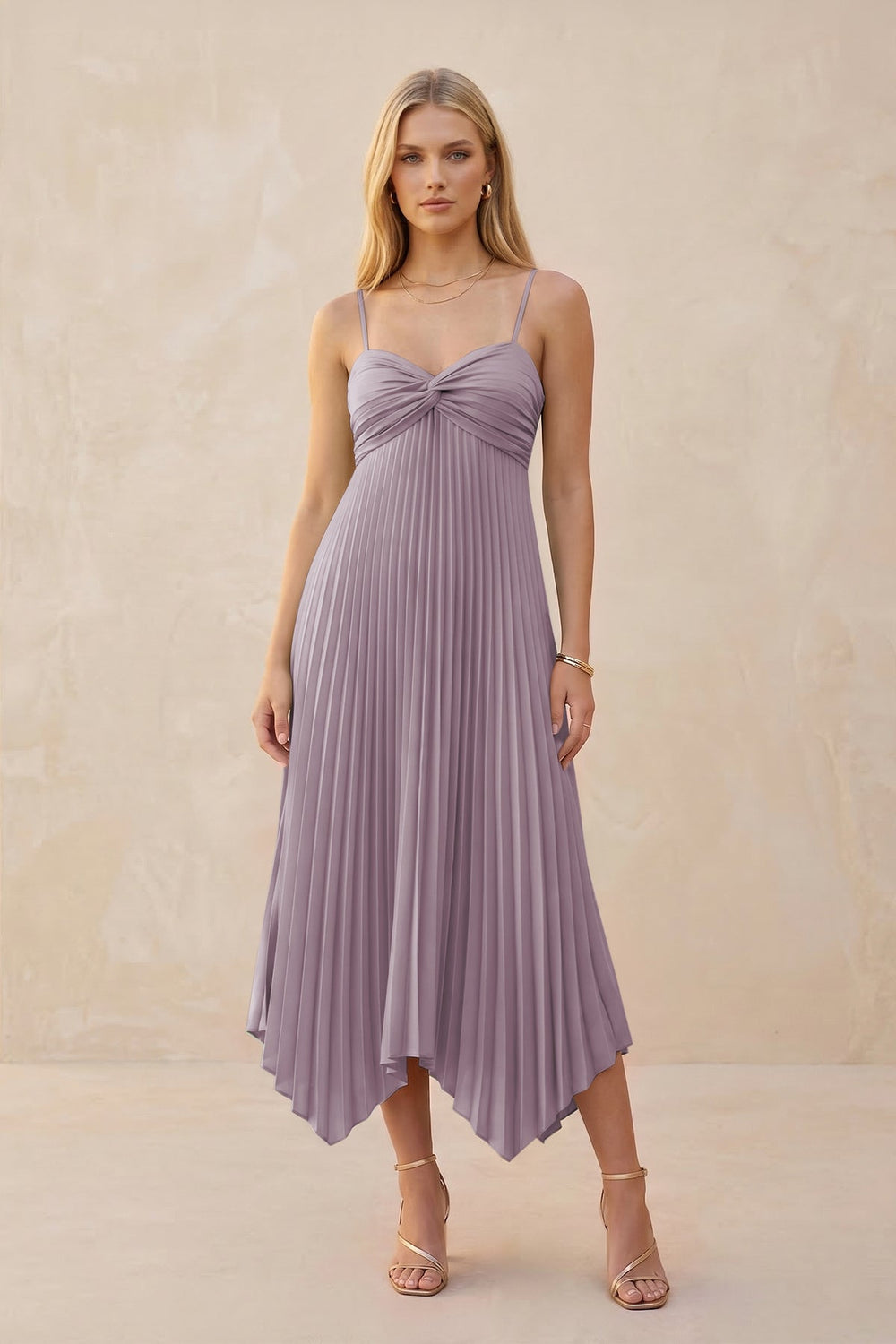 Spaghetti Strap Pleated A-Line Chiffon Midi Bridesmaid Dress in Dusk