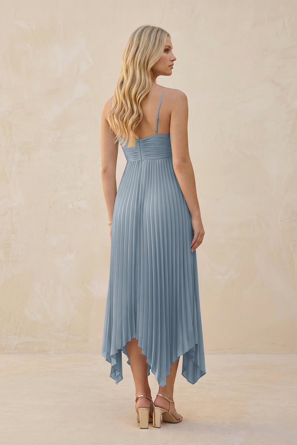 Spaghetti Strap Pleated A-Line Chiffon Midi Bridesmaid Dress in Dusty Blue