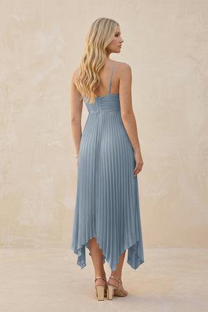 Spaghetti Strap Pleated A-Line Chiffon Midi Bridesmaid Dress in Dusty Blue (2) | KISSBRIDAL