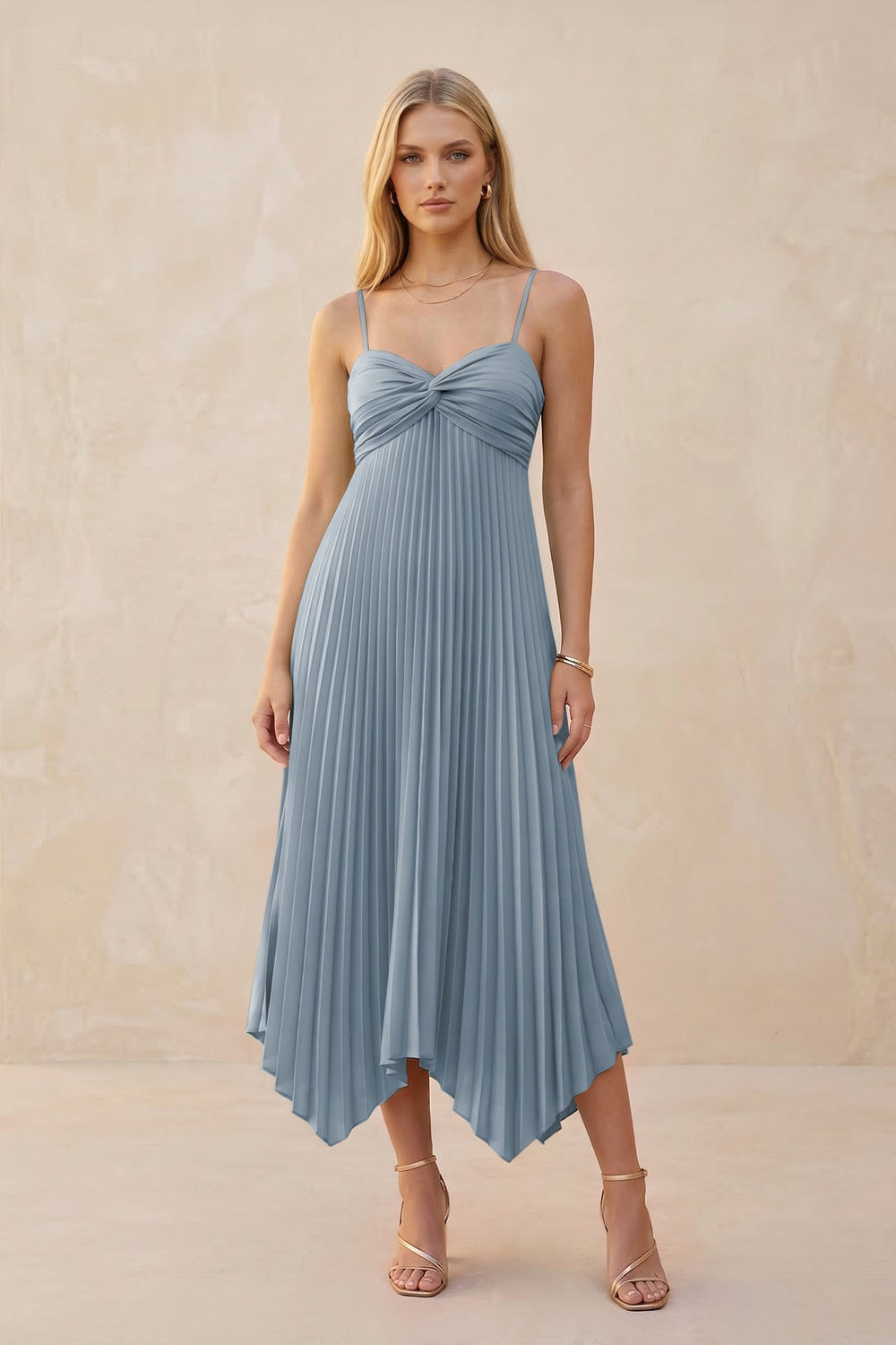Spaghetti Strap Pleated A-Line Chiffon Midi Bridesmaid Dress in Dusty Blue