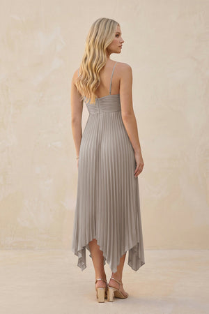 Spaghetti Strap Pleated A-Line Chiffon Midi Bridesmaid Dress in Frost (2) | KISSBRIDAL