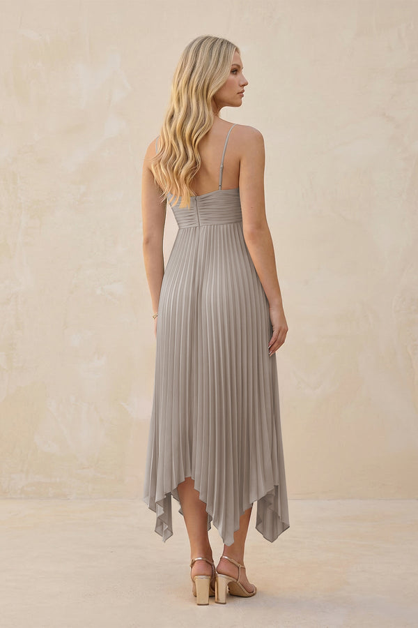 Spaghetti Strap Pleated A-Line Chiffon Midi Bridesmaid Dress in Frost (2) | KISSBRIDAL
