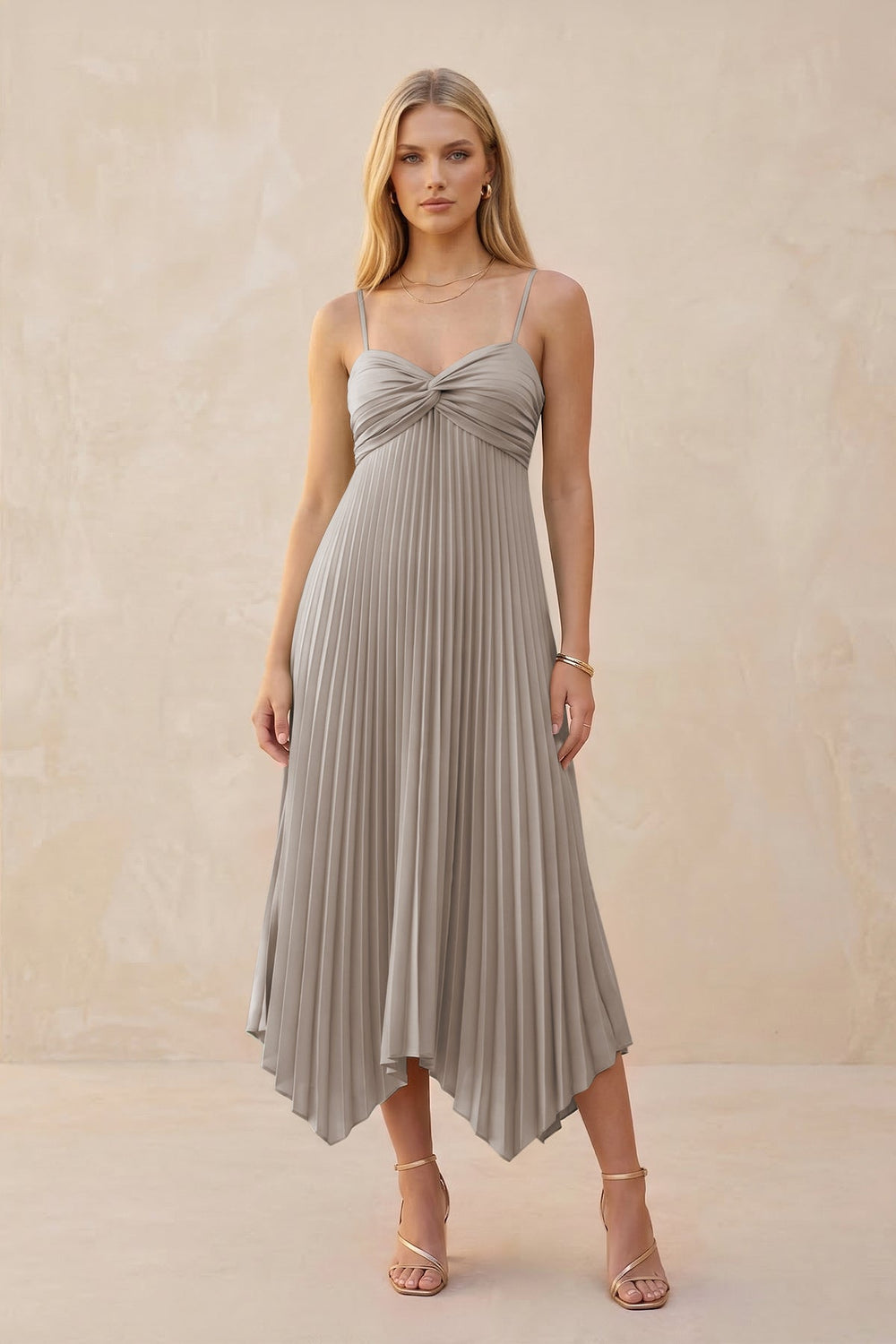 Spaghetti Strap Pleated A-Line Chiffon Midi Bridesmaid Dress in Frost